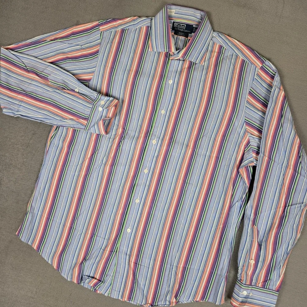 Polo Ralph Lauren Shirt Mens 17 36-37 Regent Custom Fit Blue Striped 100% Cotton